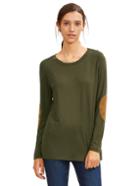 Romwe Army Green Long Sleeve Elbow Patch T-shirt