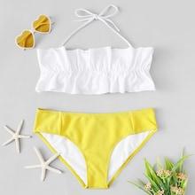 Romwe Frill Halter Bandeau Top With Textured Bikini