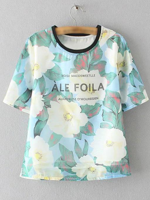 Romwe Multicolor Short Sleeve Letters Flowers Print Blouse