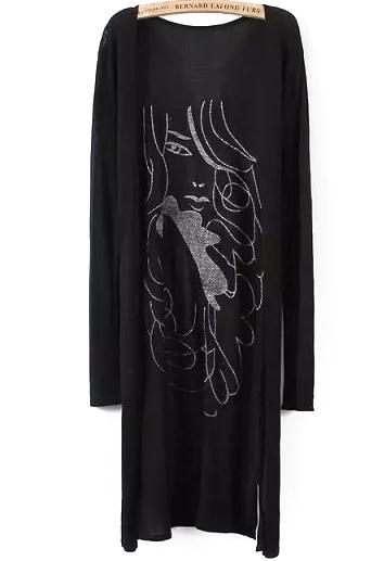 Romwe Beauty Print Long Black Cardigan