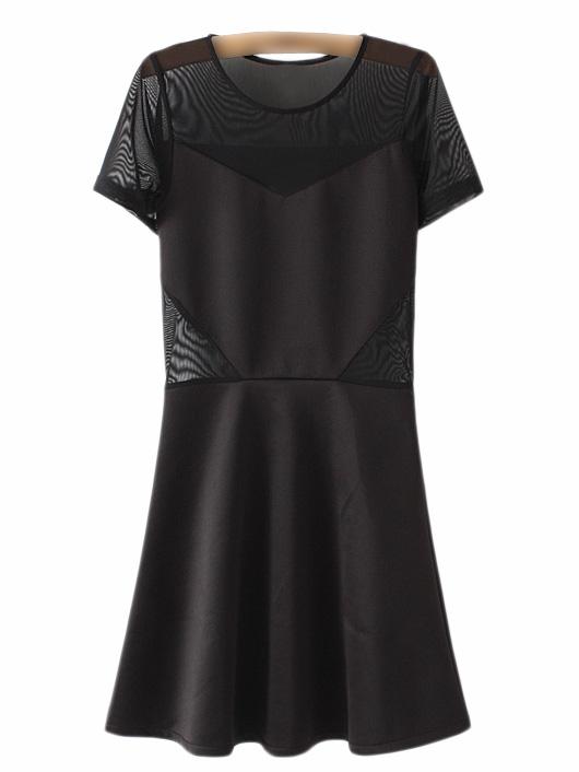 Romwe Black Short Sleeve Gauze Splicing Skater Dress