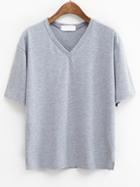 Romwe Grey V Neck Drop Shoulder T-shirt