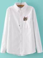 Romwe Cat Embroidered Lapel Blouse