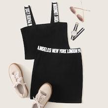 Romwe Letter Strap Rib-knit Crop Top & Skirt Set