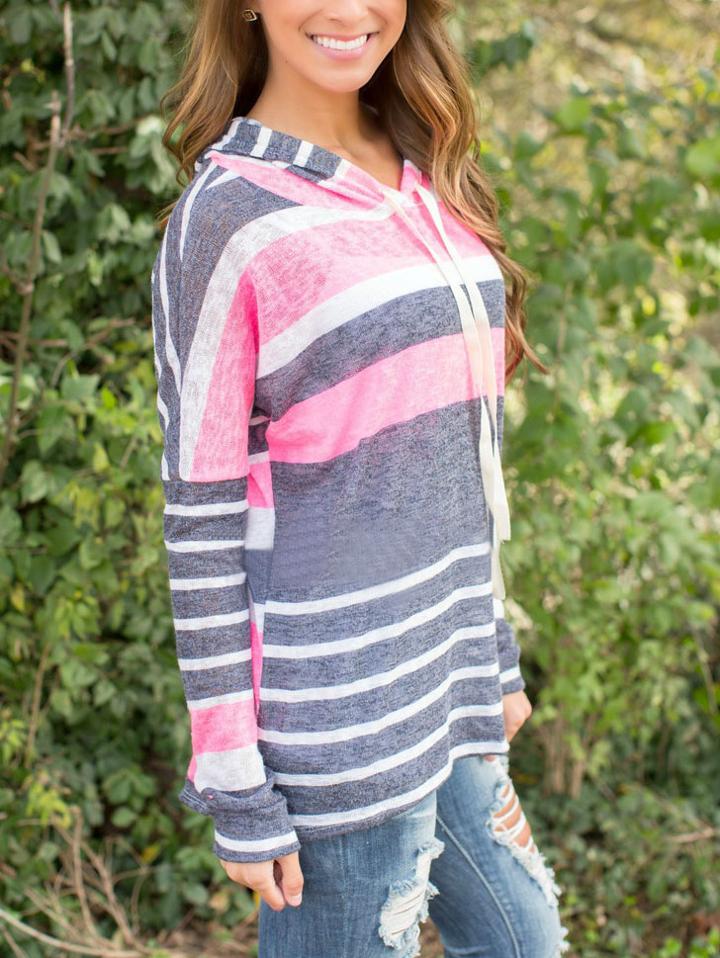 Romwe Pink Grey Striped Drawstring Hooded Sweatshirt