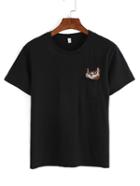 Romwe Black Cat Embroidered Pocket T-shirt