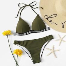 Romwe Striped Hem Triangle Halter Top Bikini