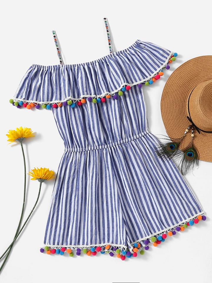 Romwe Open Shoulder Layered Striped Pompom Romper