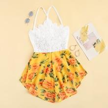 Romwe Lace Panel Floral Print Tie Back Playsuit
