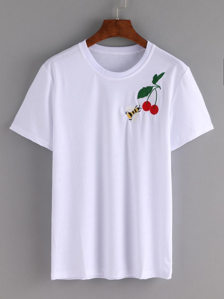 Romwe Bee Cherry Embroidered T-shirt - White