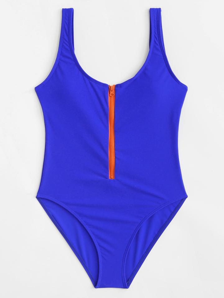 Romwe Zipper Front Low Back Swimsuit