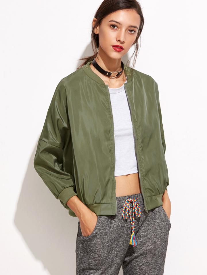 Romwe Army Green Letters Embroidered Drop Shoulder Jacket