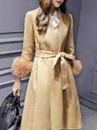 Romwe Camel V Neck Long Sleeve Tie-waist High Low Pockets Coat