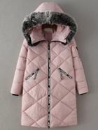 Romwe Pink Diamond Padded Coat With Faux Fur Hooded