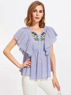 Romwe Flutter Sleeve Embroidered Smock Blouse