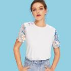 Romwe Contrast Sequin Mesh Sleeve Round Neck Tee
