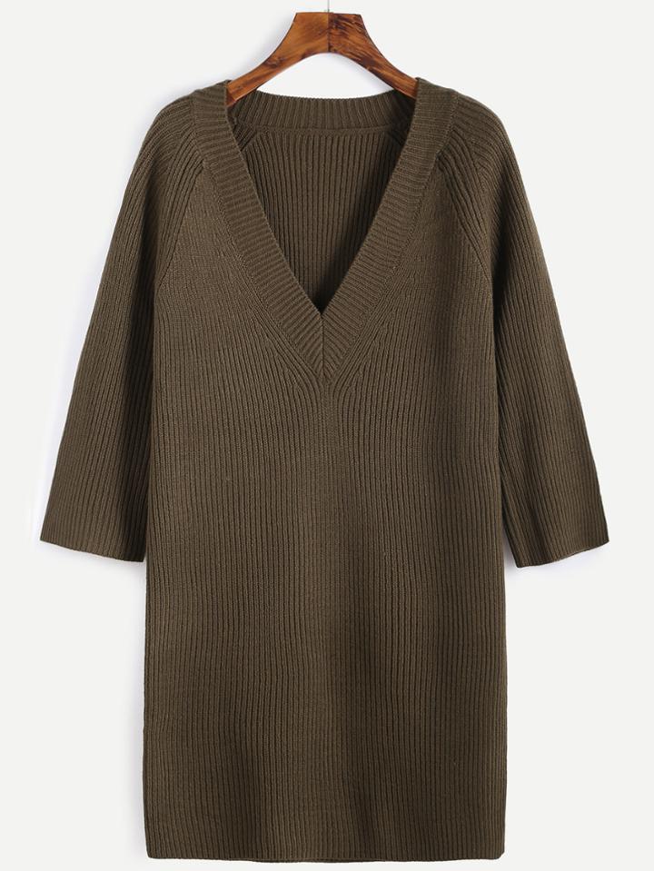 Romwe Dark Green V Neck Raglan Sleeve Sweater Dress