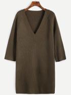 Romwe Dark Green V Neck Raglan Sleeve Sweater Dress