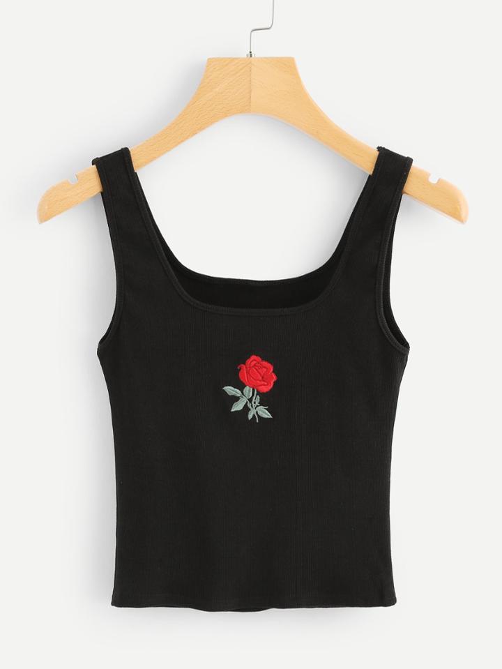 Romwe Rose Embroidered Ribbed Knit Top
