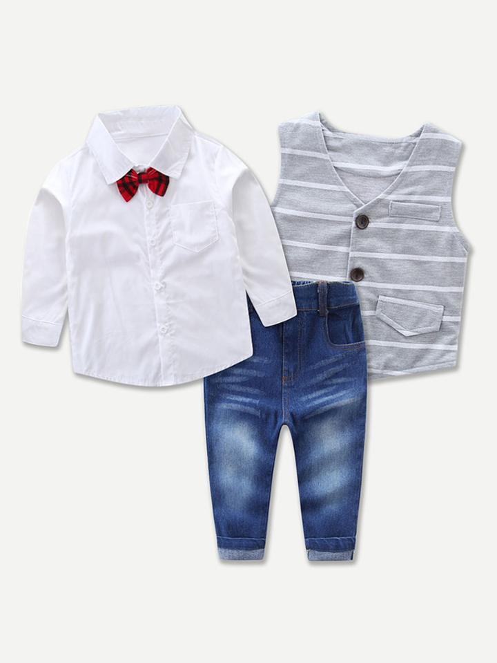 Romwe Tie Detail Shirt And Jeans Set With Striped Vest