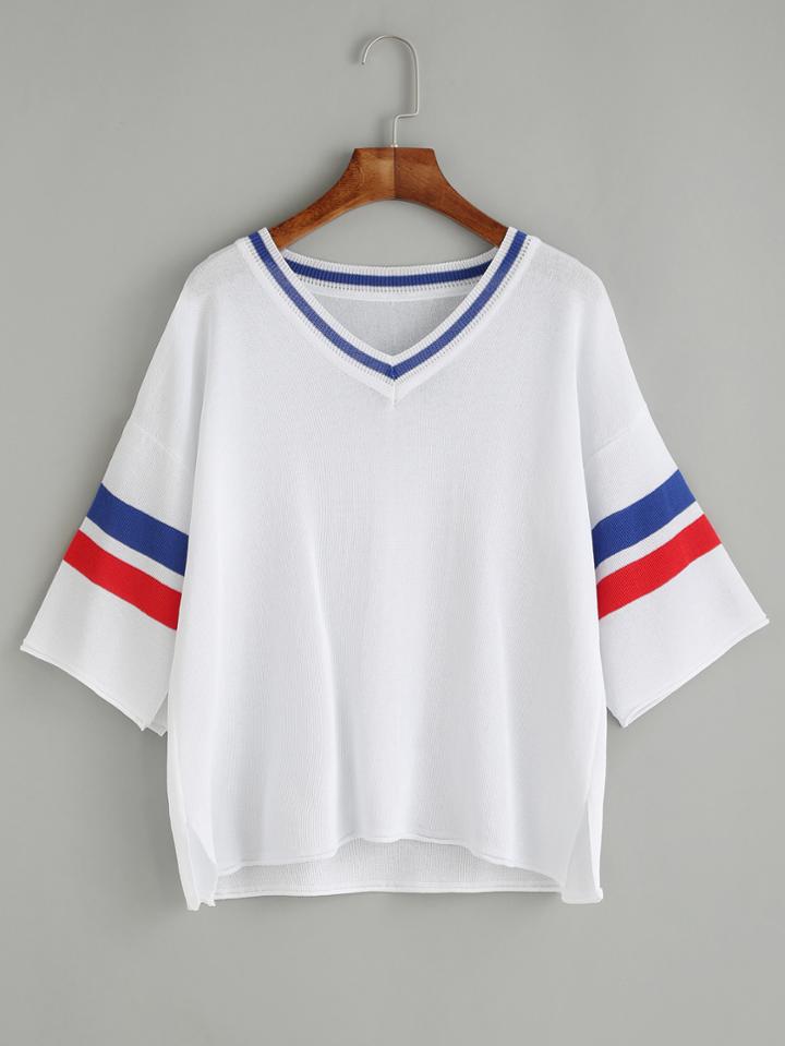 Romwe Varsity Striped V Neck Knit T-shirt