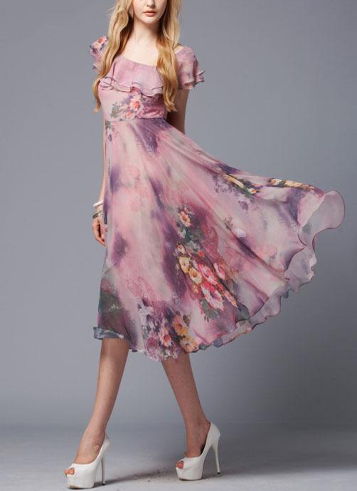 Romwe Ruffle Collar Florals Chiffon Dress