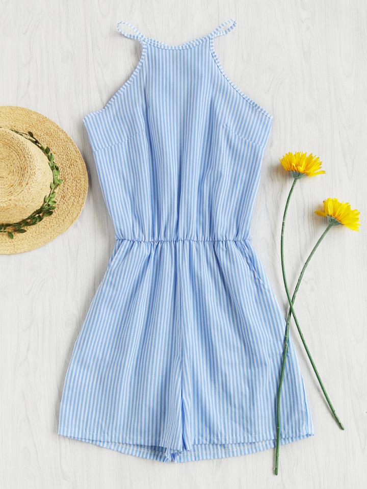 Romwe Vertical Striped Self Tie Split Back Romper