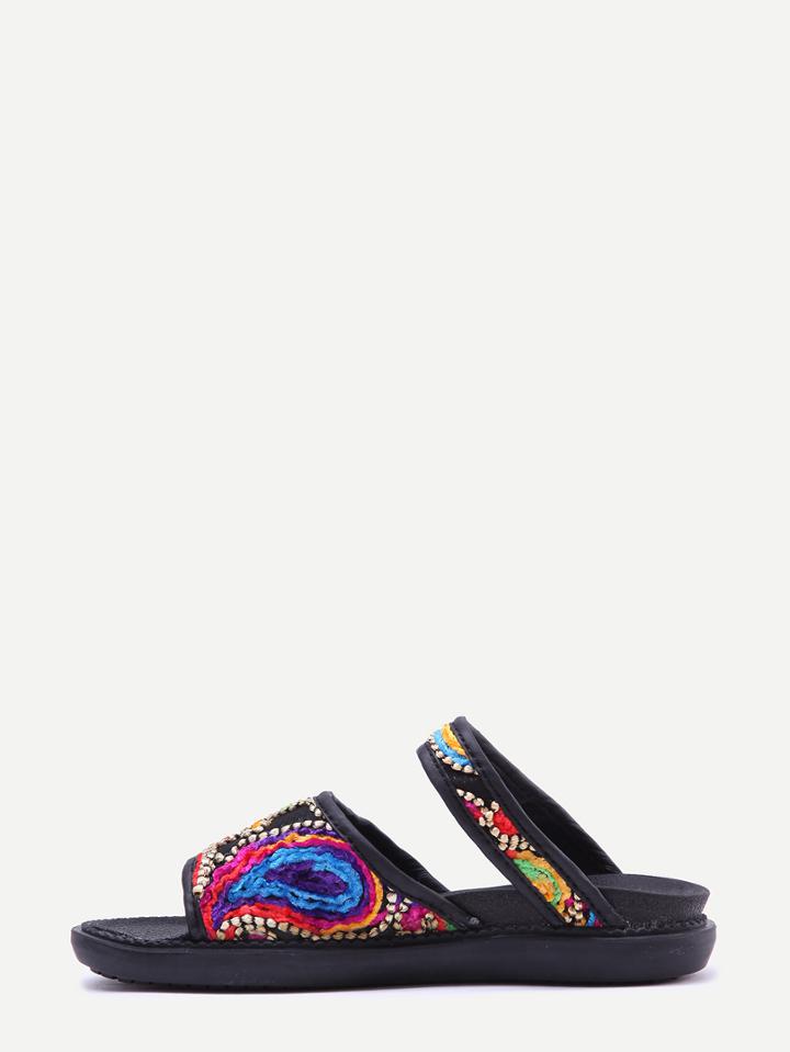 Romwe Black Tribal Flower Print Open Toe Sandals