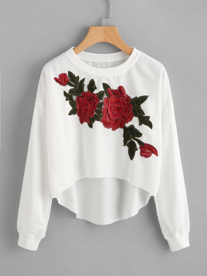 Romwe 3d Flower Patch Curved Dip Hem Sweatshirt