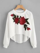 Romwe 3d Flower Patch Curved Dip Hem Sweatshirt