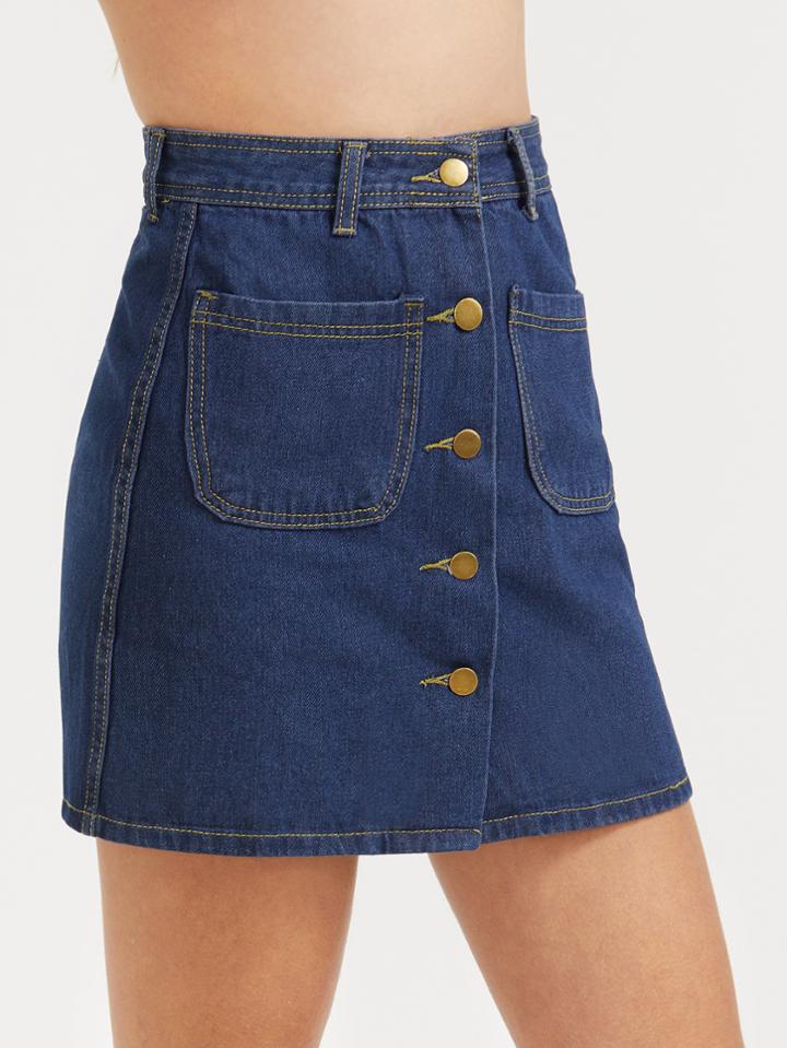 Romwe Single Breasted A Line Denim Skirt