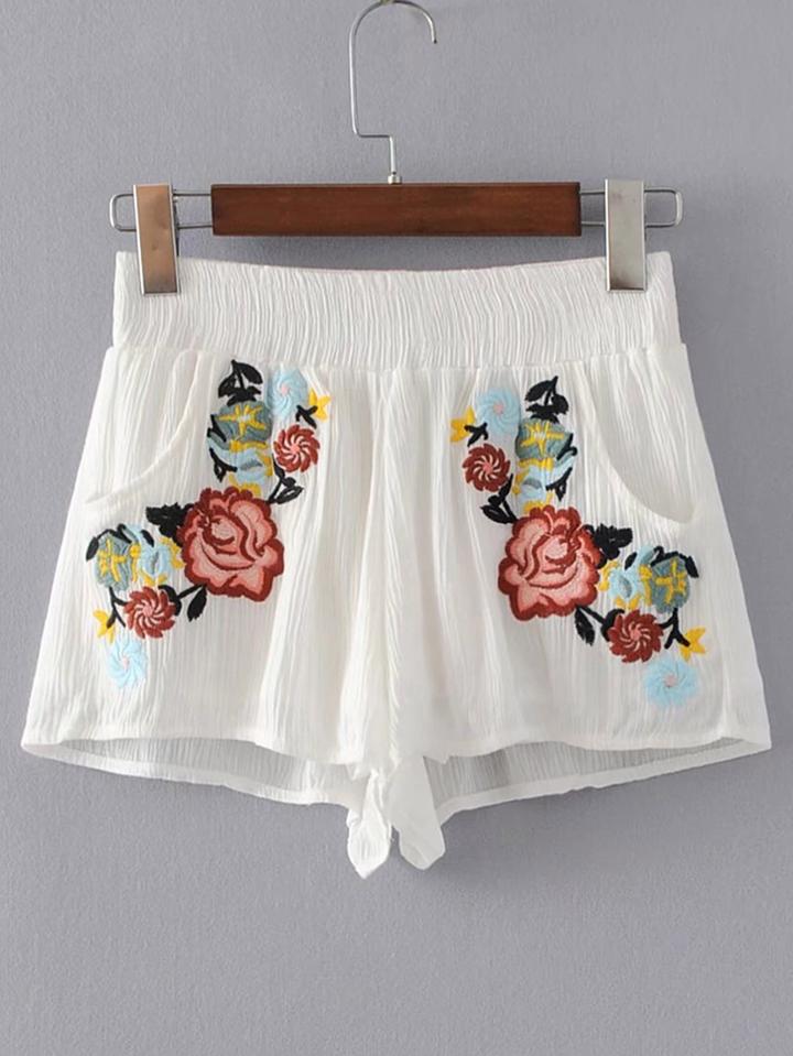 Romwe Elastic Waist Flower Embroidery Shorts