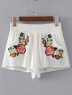 Romwe Elastic Waist Flower Embroidery Shorts