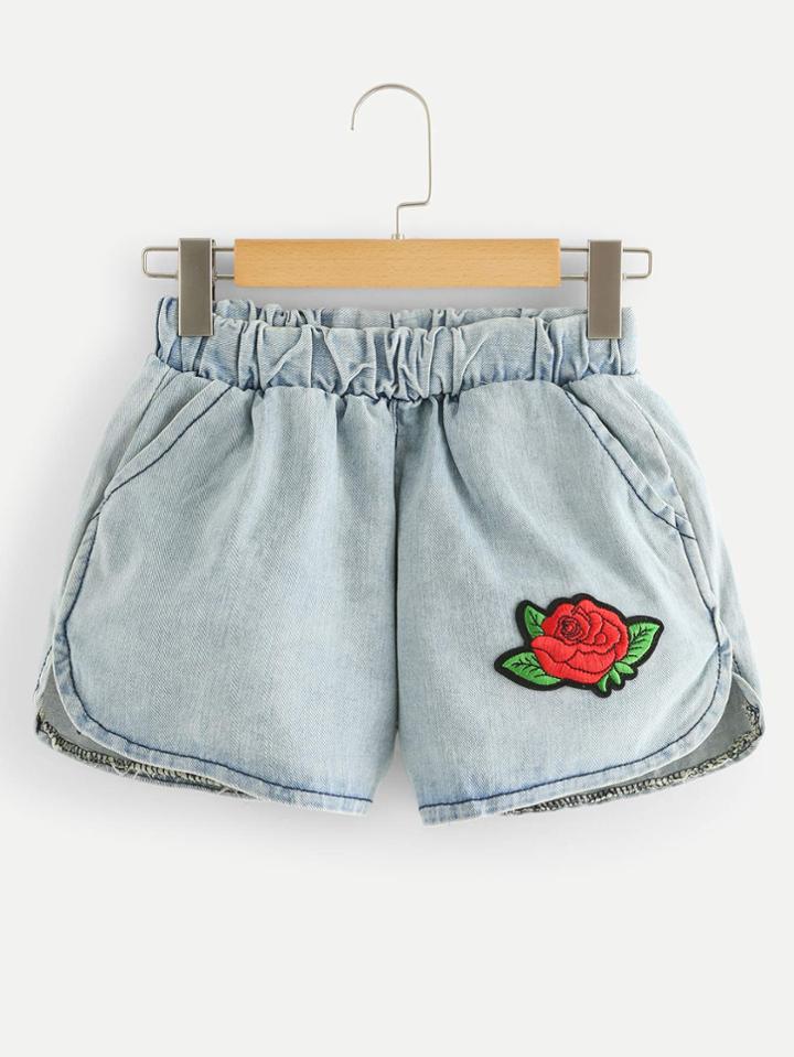 Romwe Rose Appliques Denim Shorts