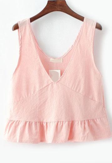 Romwe Deep V Neck Peplum Hem Pink Tank Top