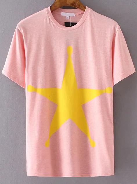 Romwe Pink Contrast Star Print T-shirt