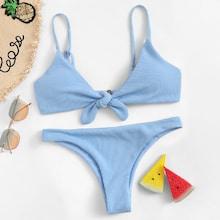 Romwe Knot Front Thin Straps Top With Ribbed Bikini Set