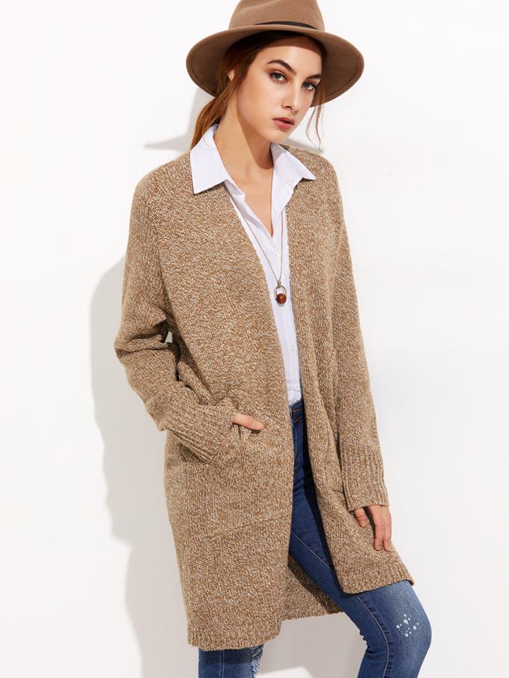 Romwe Khaki Raglan Sleeve Cardigan With Pockets