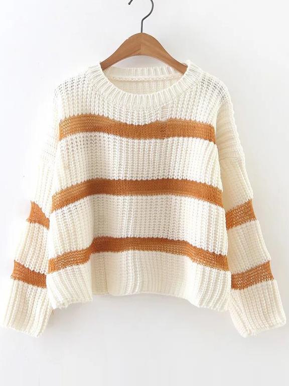 Romwe White Striped Drop Shoulder Sweater