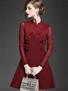 Romwe Wine Red Round Neck Long Sleeve Embroidered Dress