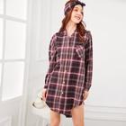 Romwe Plaid Button Up Shirt Dress With Headband