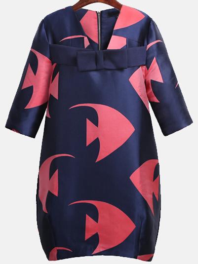 Romwe V Neck Bow Fish Print Zipper Dress