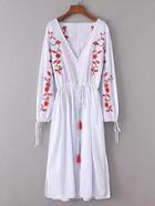 Romwe Flower Embroidery Tassel Tie Split Side Dress