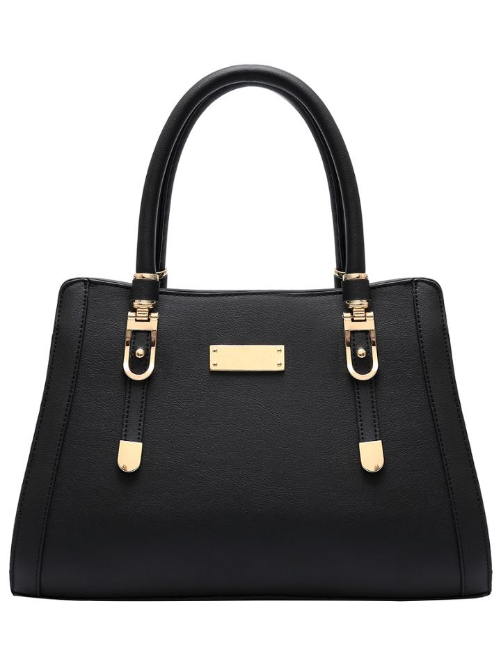Romwe Black Belt Buckle Metallic Embellished Zipper Pu Bag