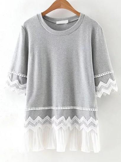 Romwe Grey Contrast Hem Pom Pom Trim T-shirt