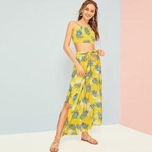 Romwe Leaf Print Cami Top With Tie Front Split Thigh Pants