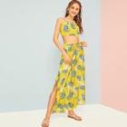Romwe Leaf Print Cami Top With Tie Front Split Thigh Pants