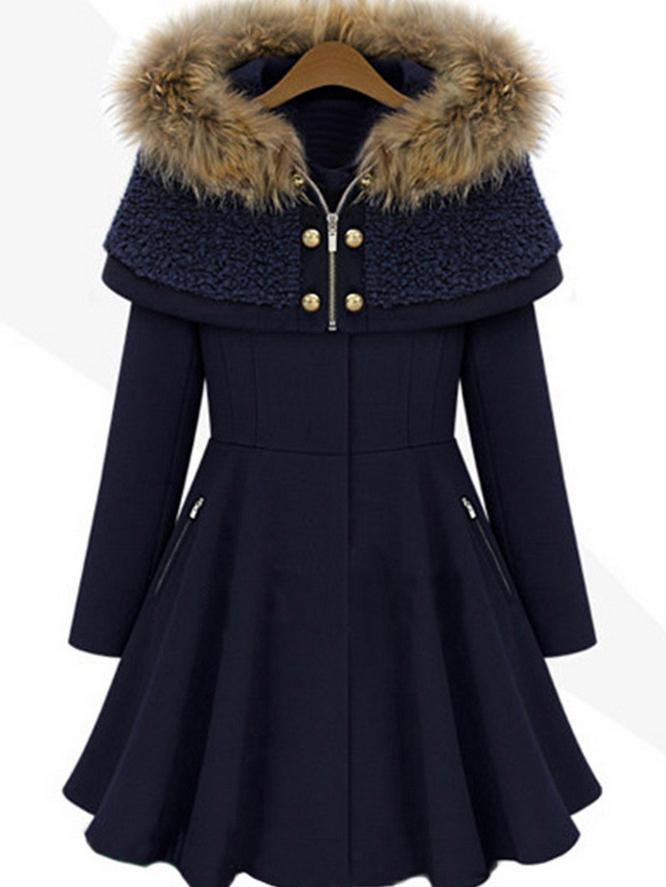 Romwe Long Sleeve Flare Navy Coat With Cape Hooded