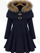 Romwe Long Sleeve Flare Navy Coat With Cape Hooded