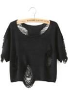 Romwe Hollow Crop Black Sweater